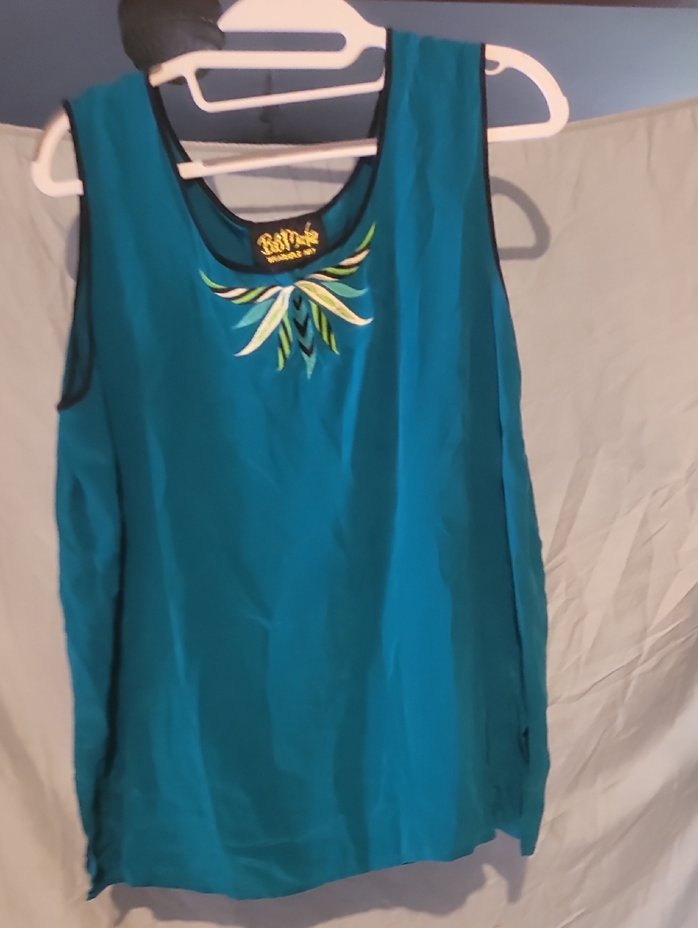 Bob Mackie Teal Sleeveless Tank with Embroidered Neck Detail